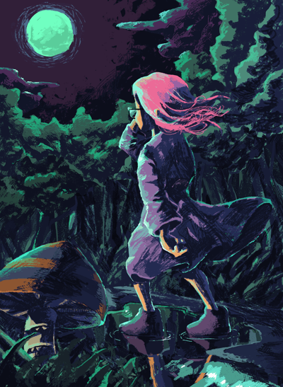 月夜の森を散歩する少女リメイク