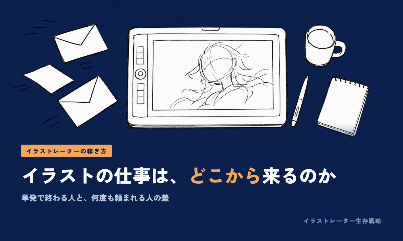 机の俯瞰の線画。左から封筒と書類が流れ込んでくる
