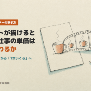 紙に描いたマグカップの絵がフィルムのコマへ続いていく線画。イラストが描けると動画の仕事の単価はどう変わるか