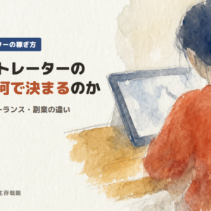 ざっくりとした水彩で描いた、机で液晶ペンタブに向かうイラストレーターの後ろ姿。イラストレーターの年収は何で決まるのか