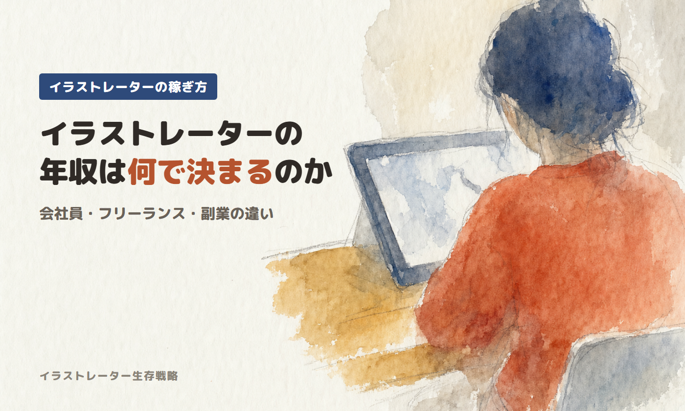 ざっくりとした水彩で描いた、机で液晶ペンタブに向かうイラストレーターの後ろ姿。イラストレーターの年収は何で決まるのか