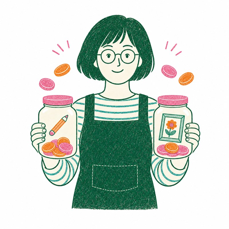 描くことへの対価と、使うことへの対価。2つの貯金瓶を両手に持つイラストレーター