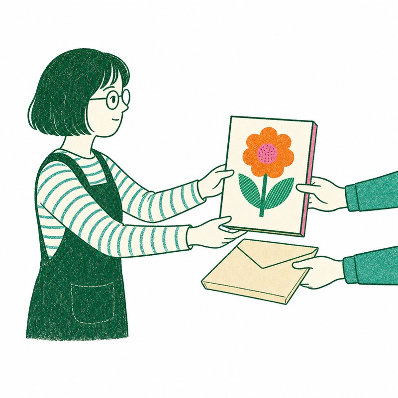 描いた花のイラストを、両手で相手に手渡すイラストレーター