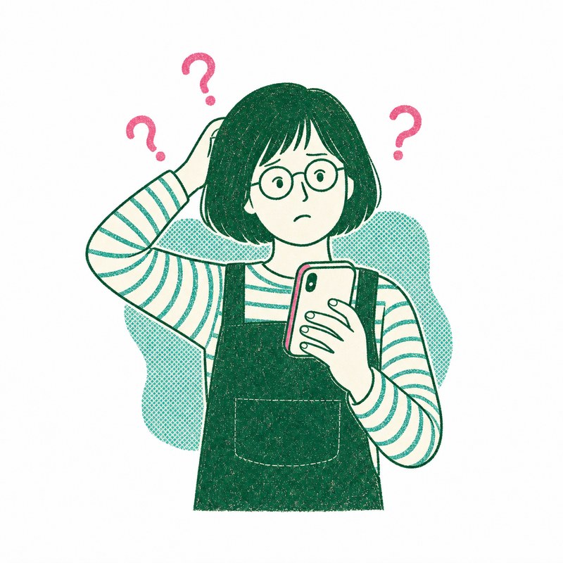 スマートフォンを見ながら頭をかいて困っているイラストレーター