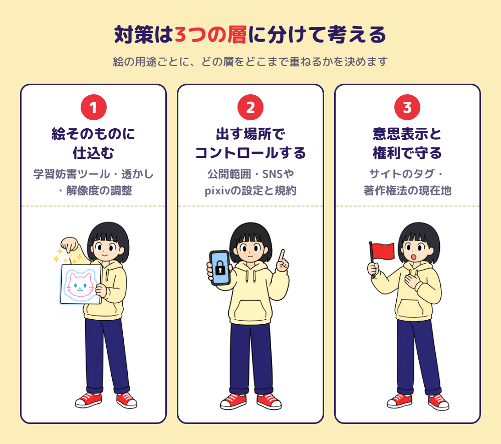 対策は3つの層に分けて考える。1 絵そのものに仕込む（学習妨害ツール・透かし・解像度の調整）、2 出す場所でコントロールする（公開範囲・SNSやpixivの設定と規約）、3 意思表示と権利で守る（サイトのタグ・著作権法の現在地）