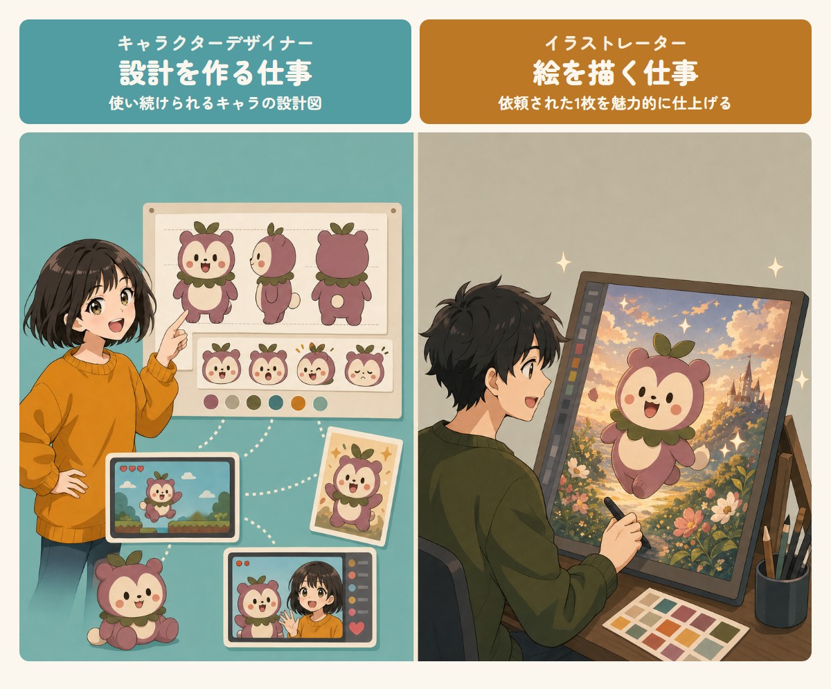 キャラクターデザイナーは使い続けられる設計を作る仕事、イラストレーターは依頼された絵を魅力的に仕上げる仕事の対比イラスト