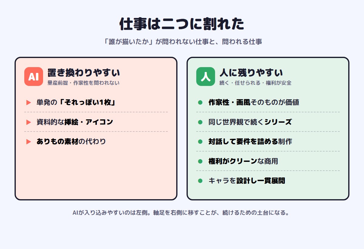 AIに置き換わりやすい仕事と人に残りやすい仕事の対比