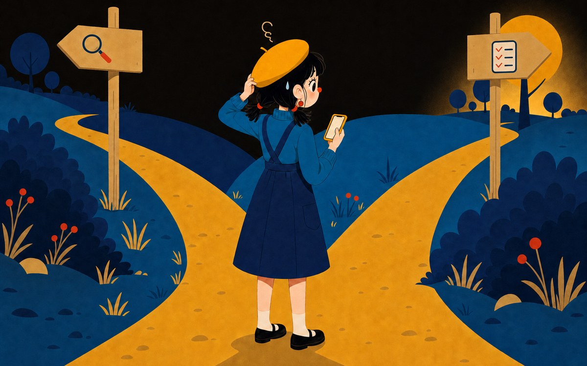 2つの分かれ道（見分ける・確認する）の前で、DMの届いたスマホを手に悩むイラストレーター