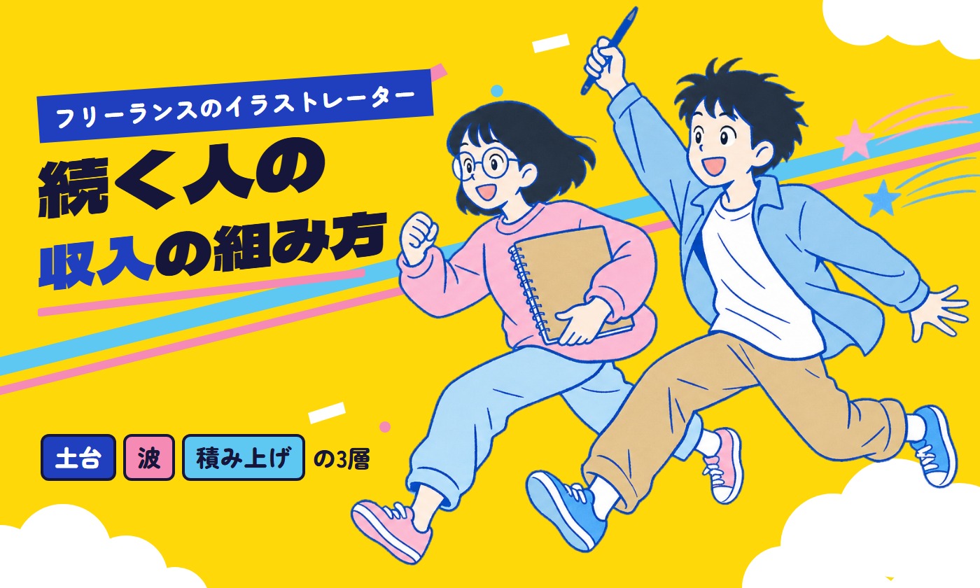 フリーランスのイラストレーター、続く人の収入の組み方。土台・波・積み上げの3層。スケッチブックとペンを持って走る2人のイラストレーター