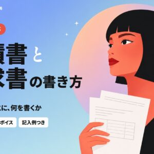 イラストの見積書と請求書の書き方。工程ごとに何を書くか。源泉徴収・インボイス・記入例つき。見積書と請求書を手にした黒髪ボブの女性のイラスト