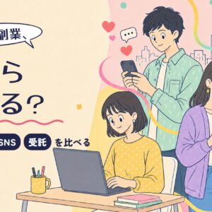 イラスト副業、何から始める？素材販売・SNS・受託を比べる。ノートPC・スマホ・ペンタブでそれぞれ副業をする3人のイラスト