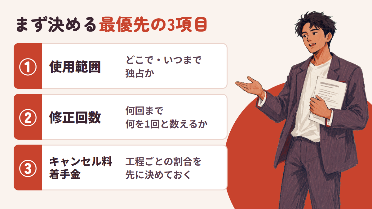 まず決める最優先の3項目：①使用範囲 ②修正回数 ③キャンセル料・着手金
