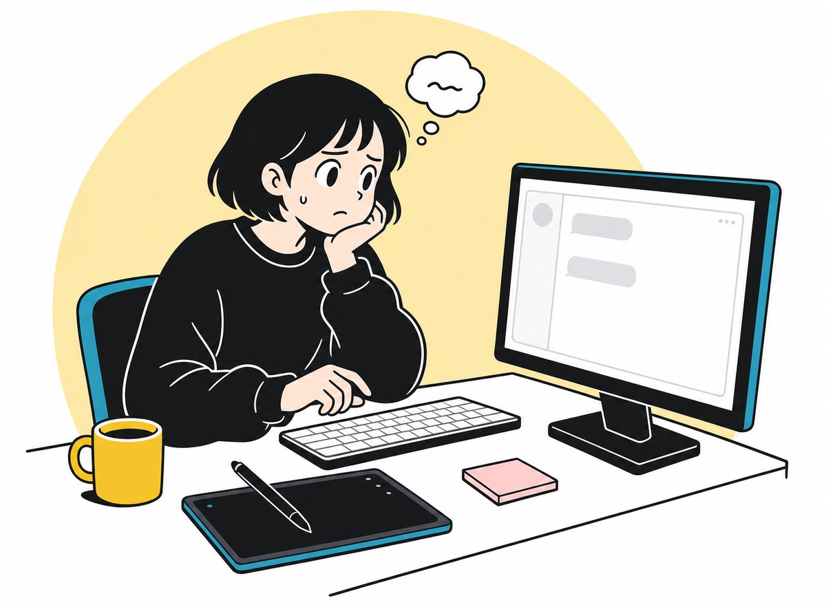 クライアントに追加料金をどう伝えようか、パソコンの前で悩むイラストレーター