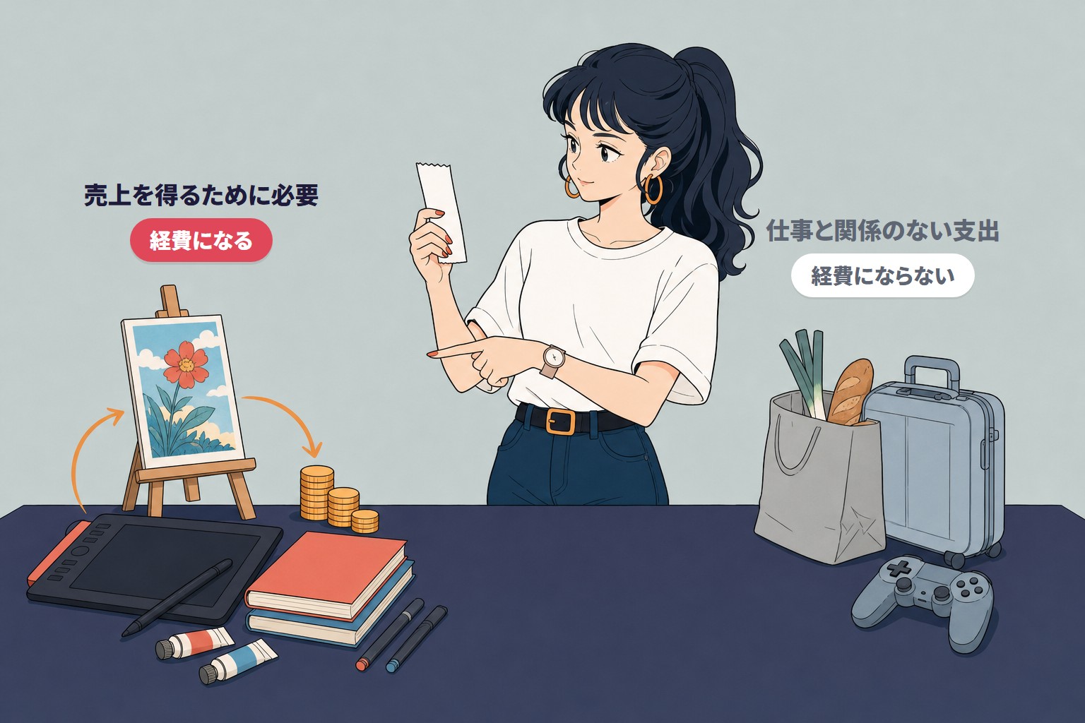 経費の基準を表したイラスト。仕事の売上を得るために必要な支出（ペンタブ・資料の本・画材）は経費になり、仕事と関係のない支出（食料品・旅行・ゲーム）は経費にならない