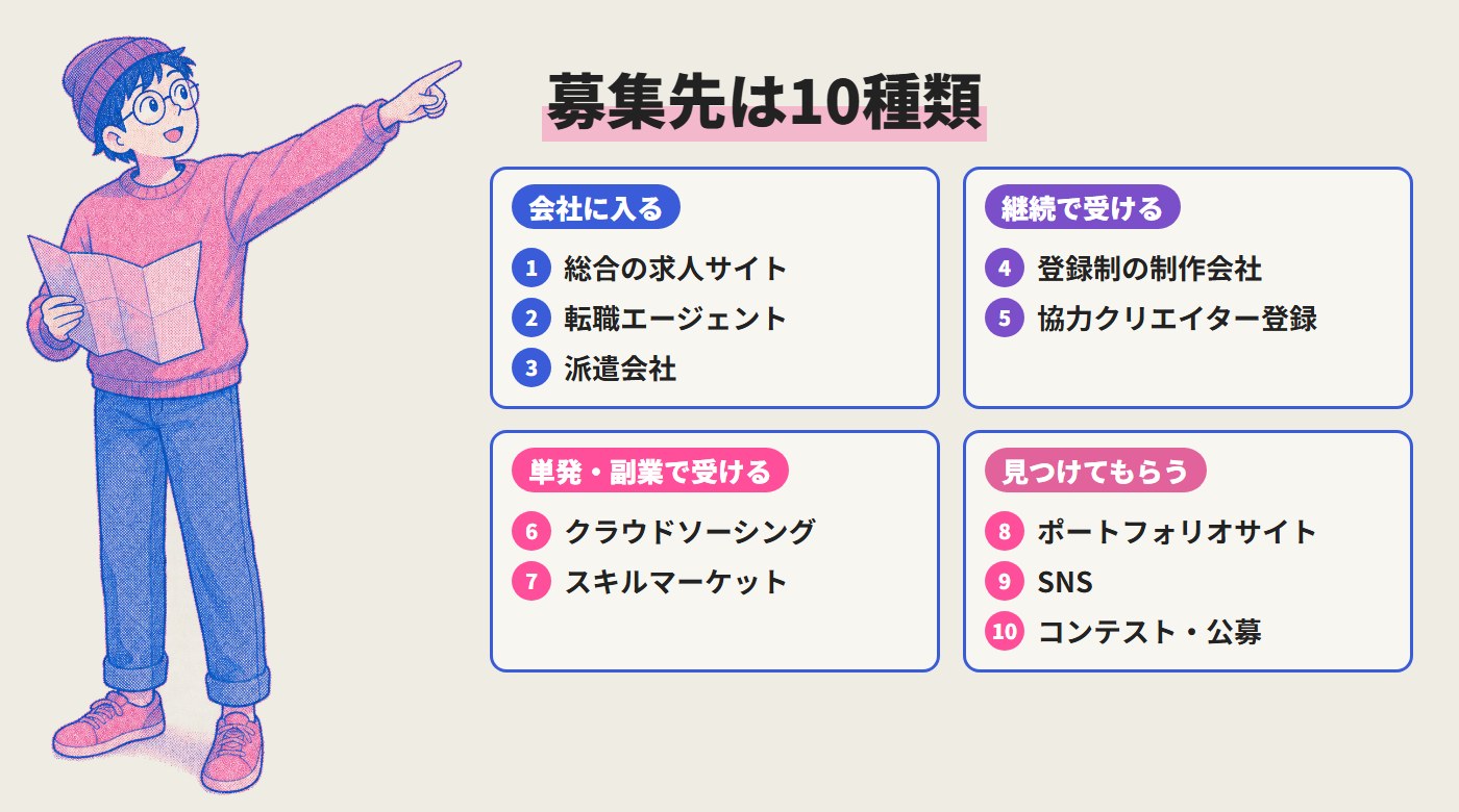 イラストの募集先は10種類（会社に入る・継続で受ける・単発や副業で受ける・見つけてもらう）