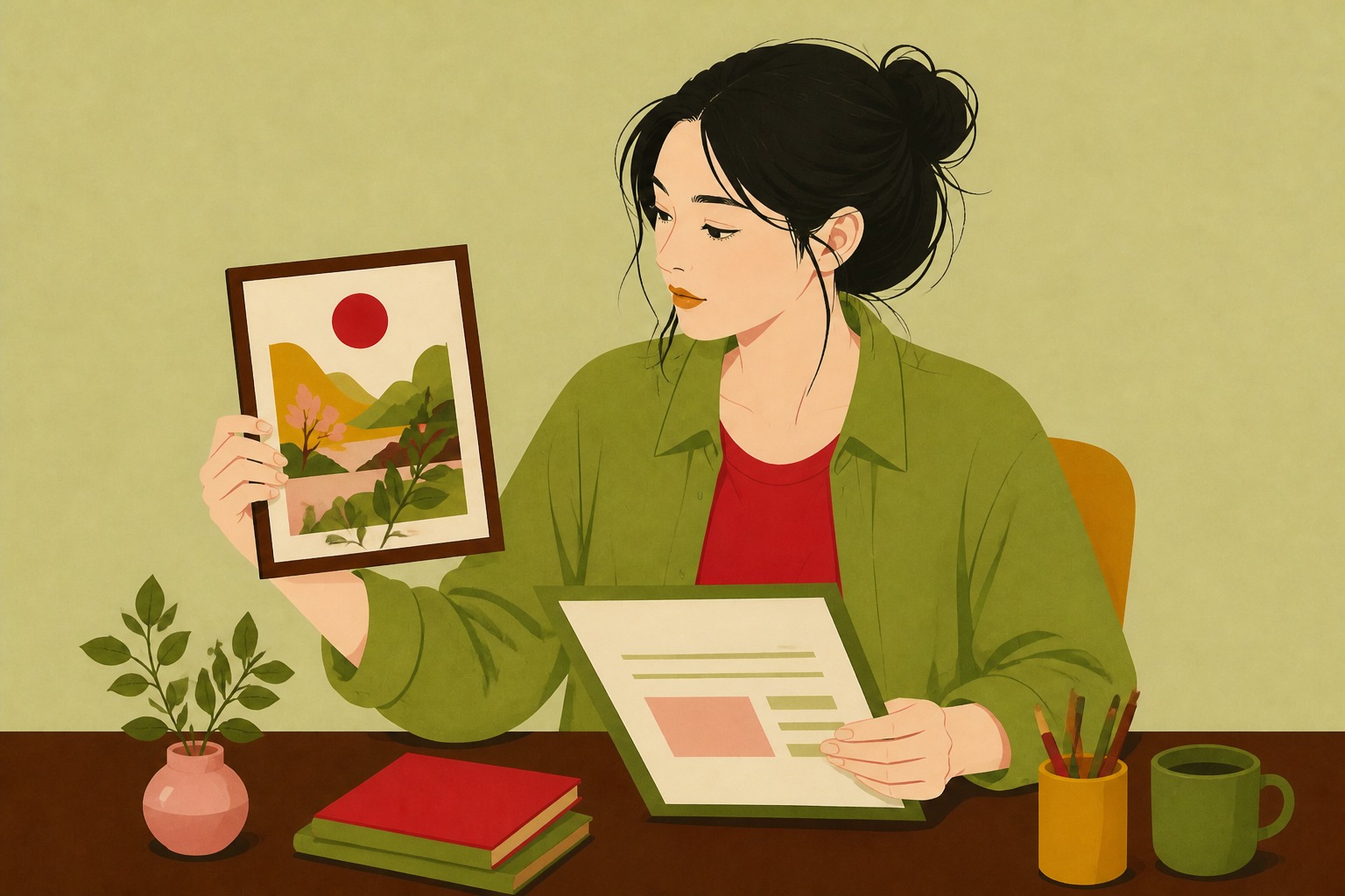 自分のポートフォリオの作品と、書いた志望動機を見比べるイラストレーター