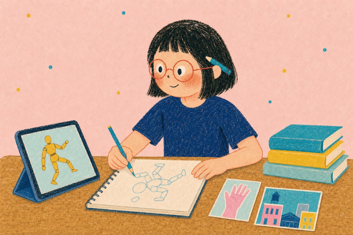 タブレットの3Dポーズ人形と手元の資料カードを見ながら、スケッチブックにポーズを描くイラストレーター