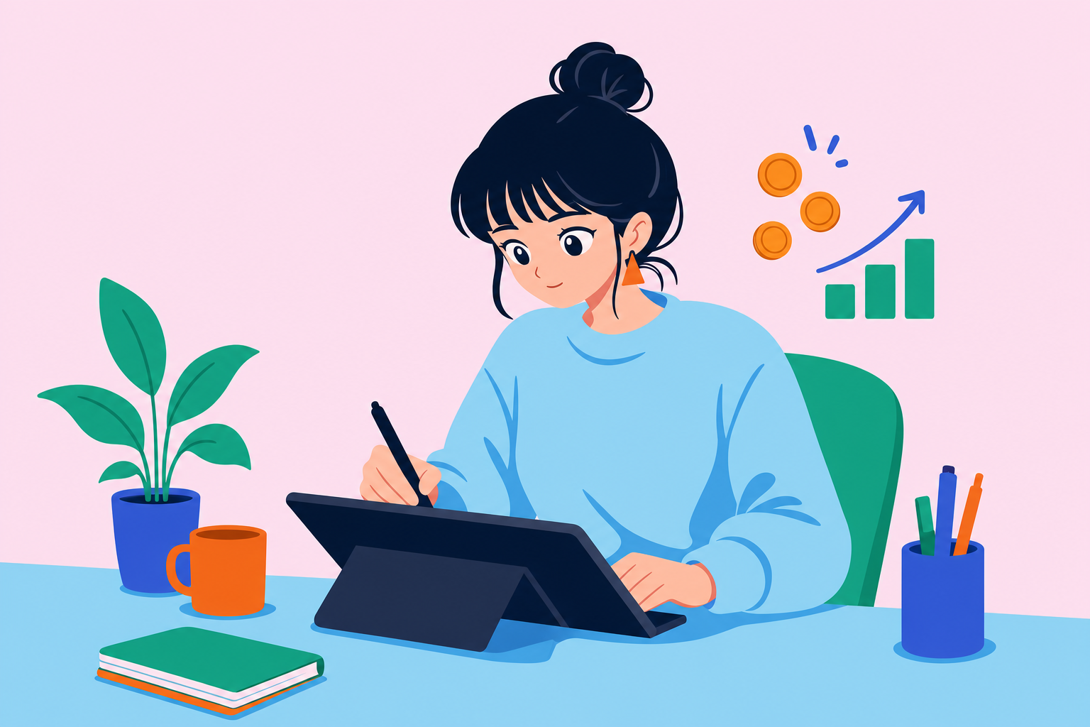 タブレットで絵を描くイラストレーター。コインと右肩上がりのグラフが、絵の仕事のお金の入り方を表す