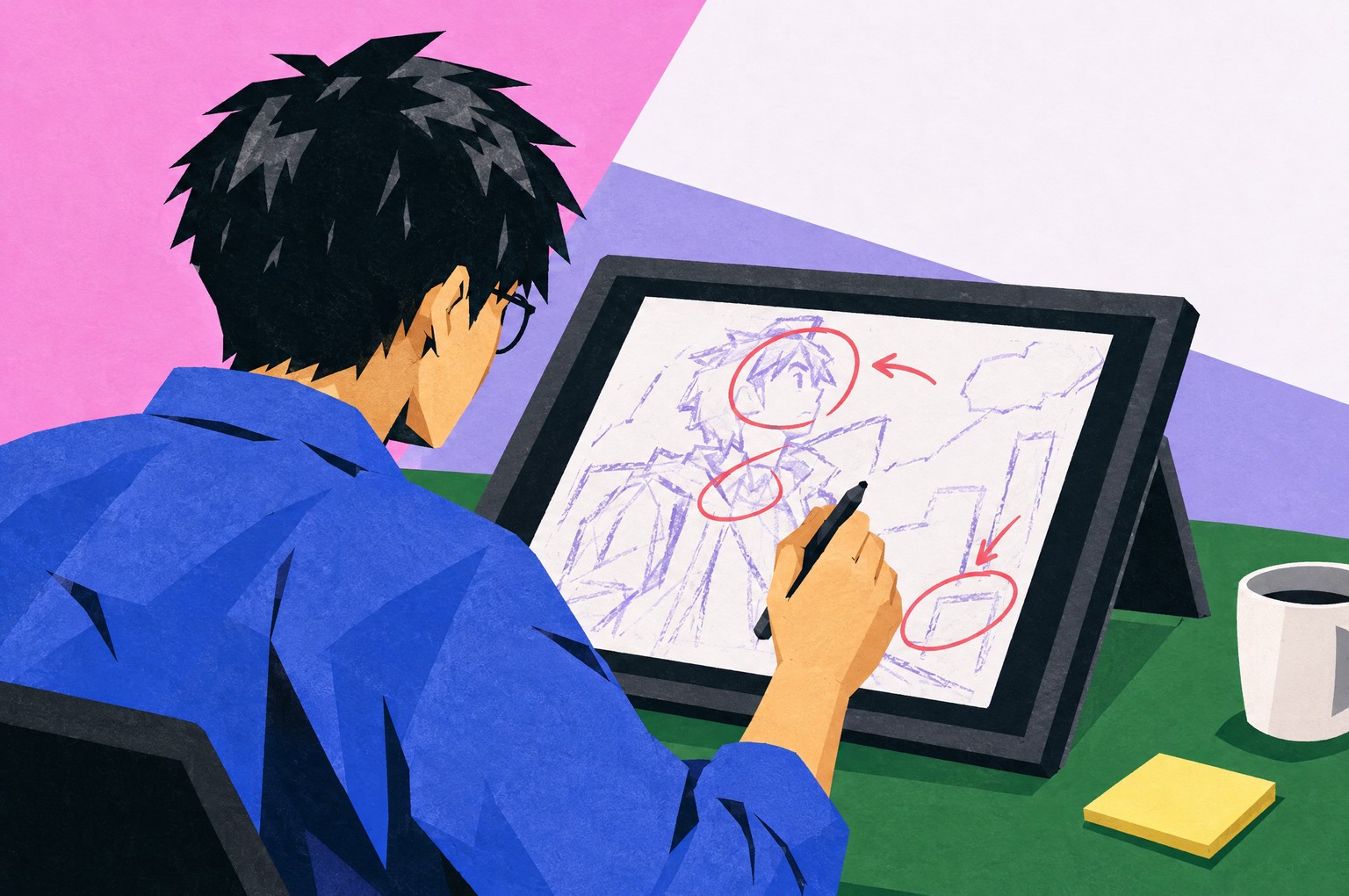 ペンタブのラフに赤ペンで修正点を書き込むイラストレーターの後ろ姿