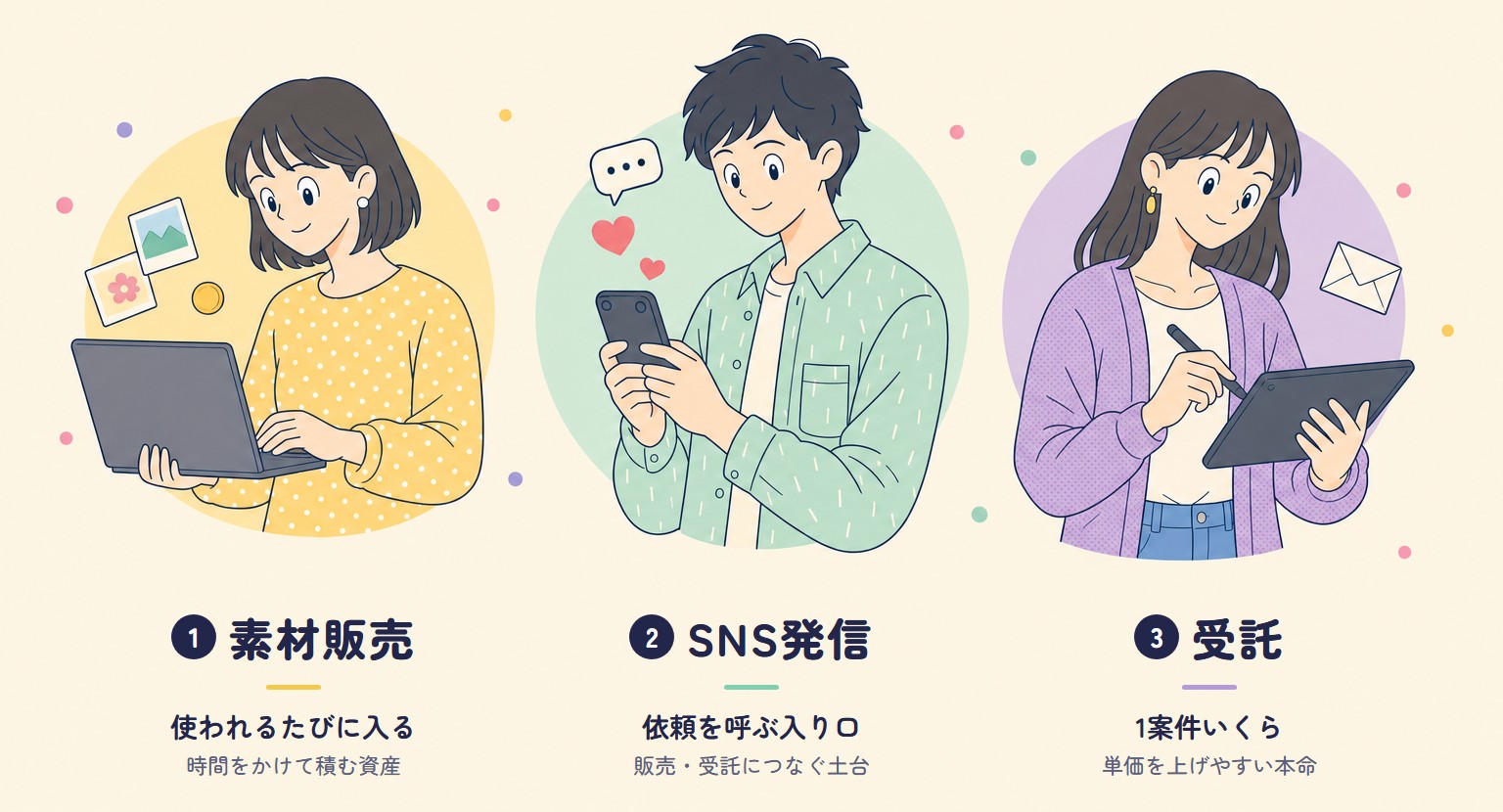 イラスト副業の入り口は3つ。①素材販売は使われるたびに入る、②SNS発信は依頼を呼ぶ入り口、③受託は1案件いくら。ノートPC・スマホ・ペンタブを持つ3人のイラスト