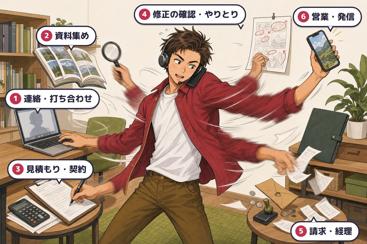 1人で描く以外の6つの作業(連絡・打ち合わせ/資料集め/見積もり・契約/修正の確認・やりとり/請求・経理/営業・発信)を同時にこなすイラストレーター