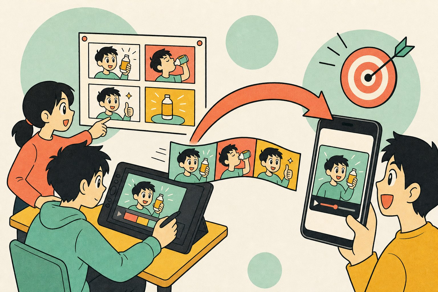 広告アニメの世界。2人だけの小さなチームで短いアニメを作り、それがスマートフォンを持つ人に届いて的に当たる。少人数で、伝えるという目的のために作る
