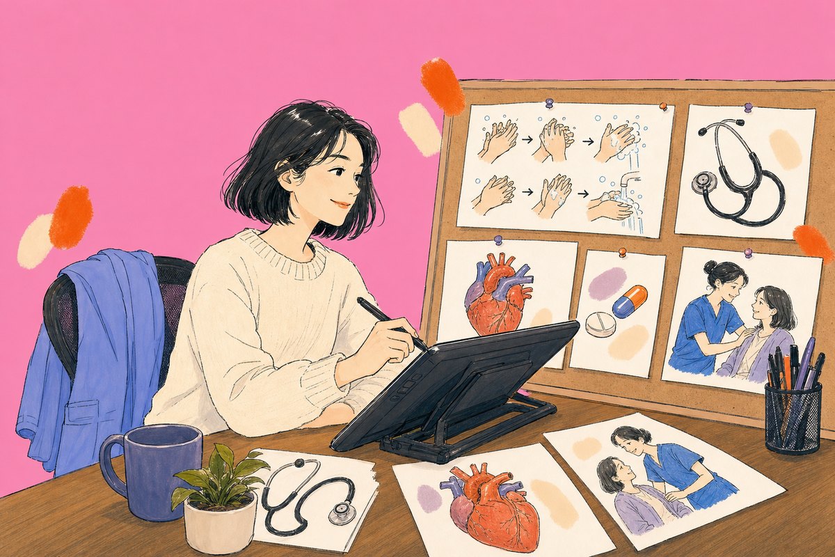 元看護師のイラストレーターが、医療系の解説イラストを描いている様子