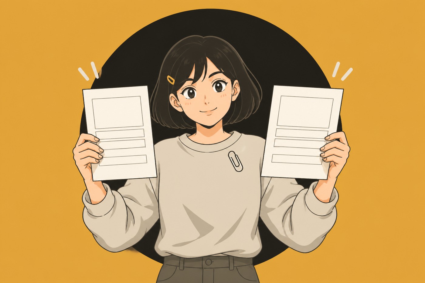 開業届と青色申告承認申請書の2枚をセットで出すイメージ。2枚の書類を両手で掲げるイラストレーター