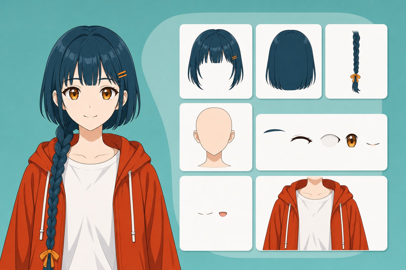 アニメ塗りのキャラクターイラストを、前髪・後ろ髪・三つ編み・顔の土台・目の部品・口・体のパーツに分けて並べた図