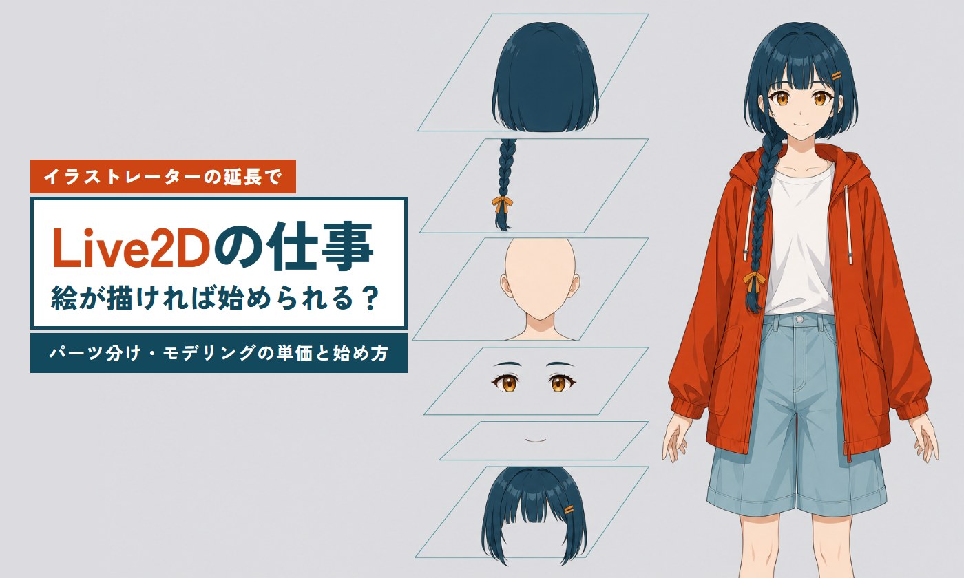 Live2Dの仕事。絵が描ければ始められる？アニメ塗りのキャラクターを後ろ髪・三つ編み・顔・目・口・前髪のパーツに分けた図